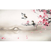 桃花小鸟拱桥古典PPT图片