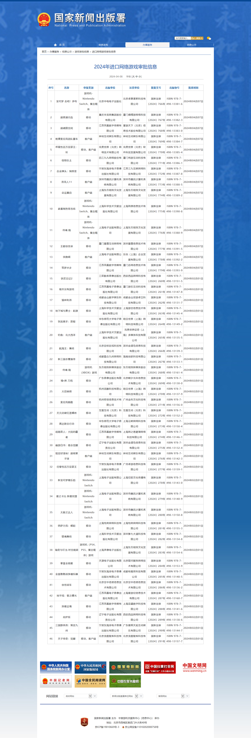 2024年4月进口游戏版号