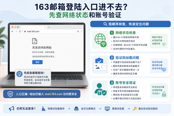 163邮箱登陆入口进不去?先查网络状态和账号验证