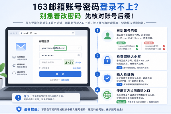 163邮箱账号密码登录不上?别急着改密码先核对账号后缀