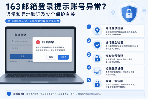 163邮箱登录提示账号异常?通常和异地验证及安全保护有关