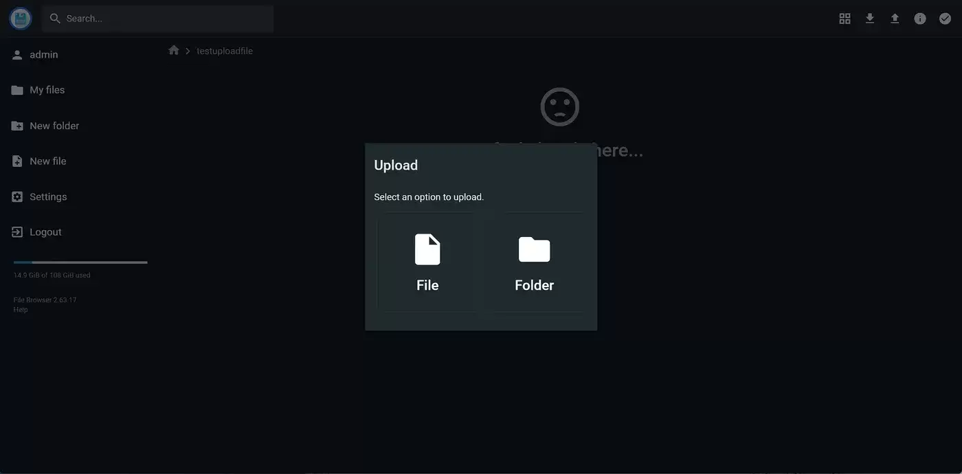 File Browser 上传弹窗：选择 File 上传单个文件或 Folder 上传整个目录