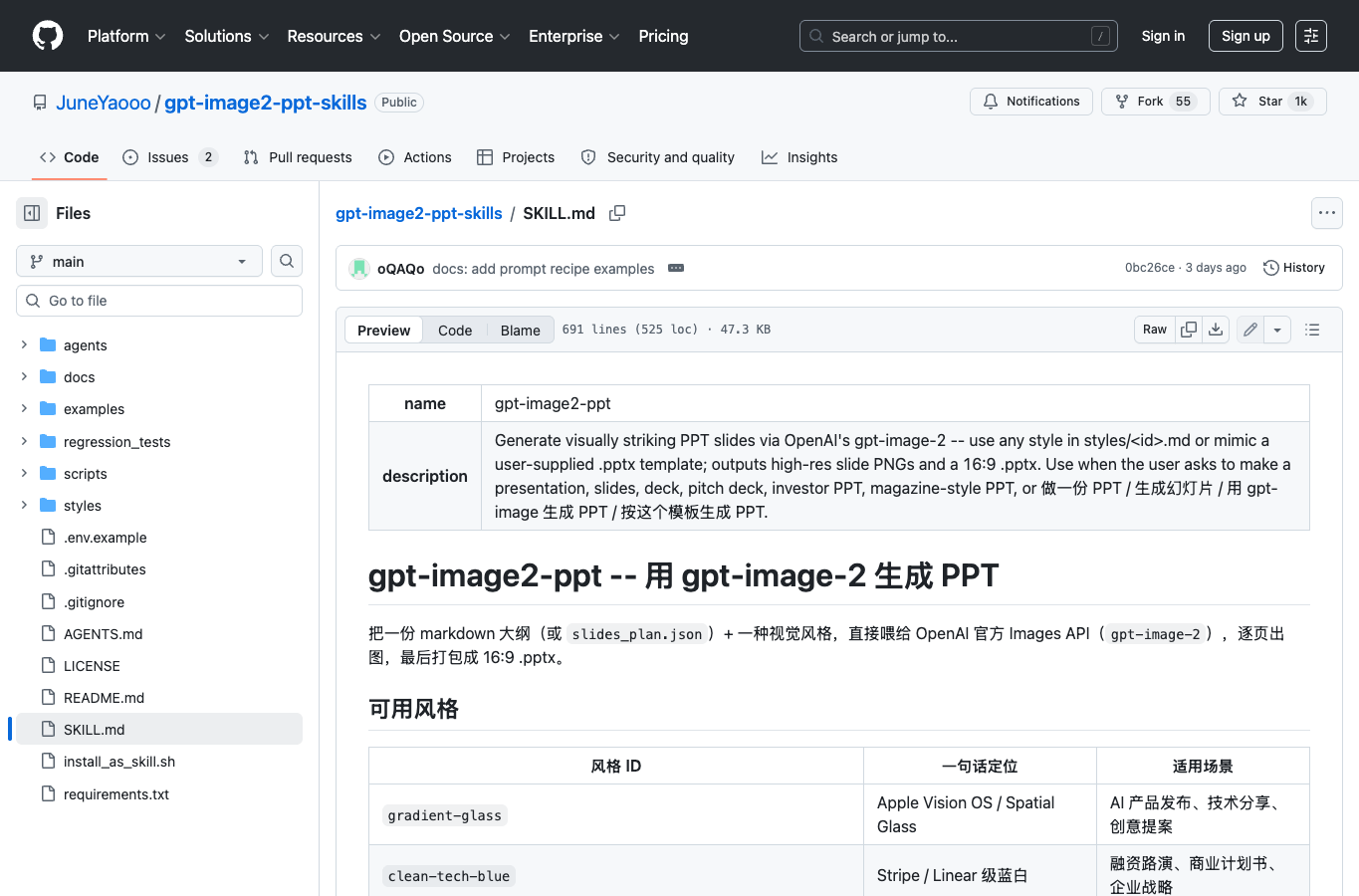 gpt-image2-ppt-skills 官方 SKILL.md 能力说明截图