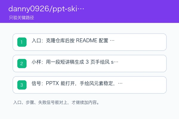 danny0926/ppt-skills 入口、依赖和首次成功信号示意