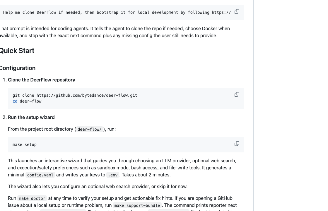 DeerFlow README 中 Quick Start 配置区域,展示 git clone、make setup 和 make doctor 检查提示