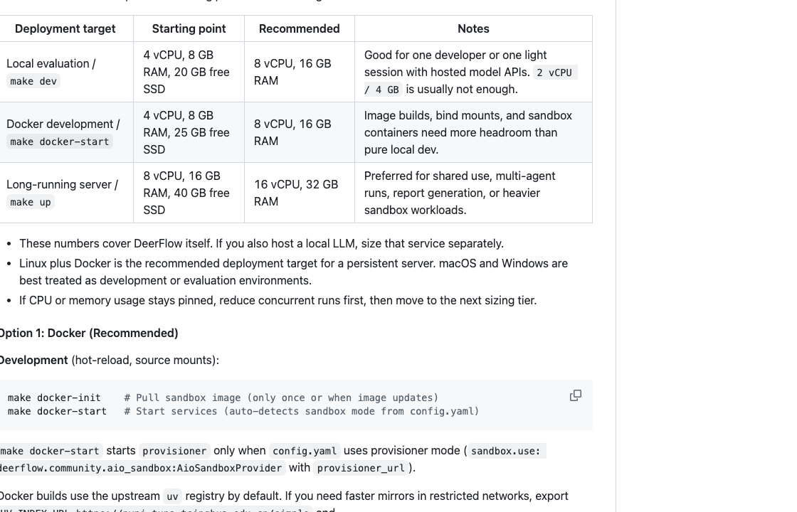 DeerFlow README 中 Docker 推荐部署区域,展示资源规格表和 make docker-init、make docker-start 命令
