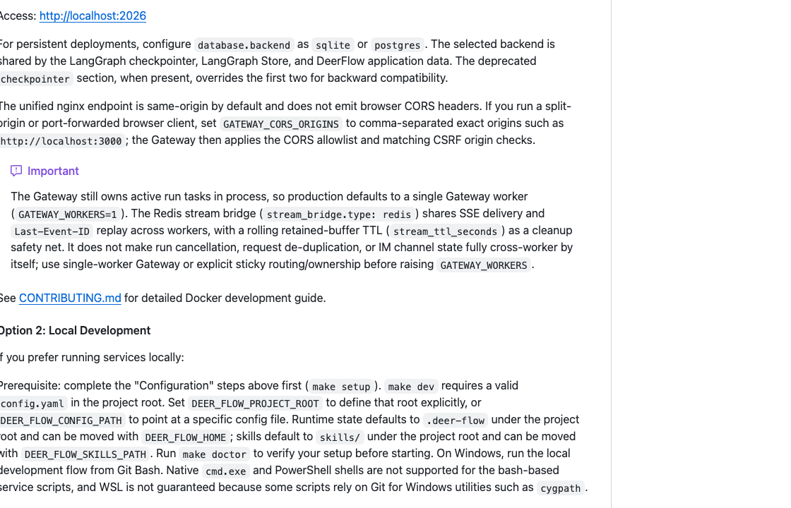 DeerFlow README 中 Local Development 区域,展示 make dev 前置条件、运行状态目录和 Windows 注意事项