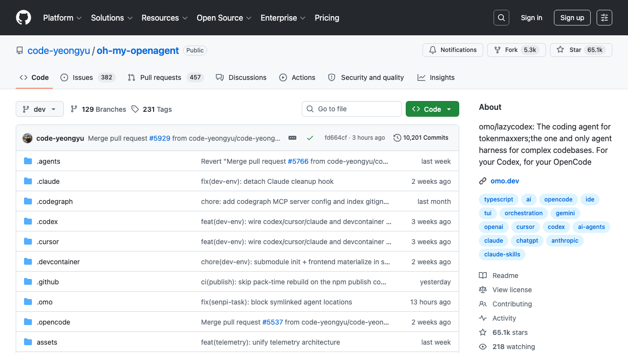 oh-my-openagent 官方 GitHub 仓库页面截图