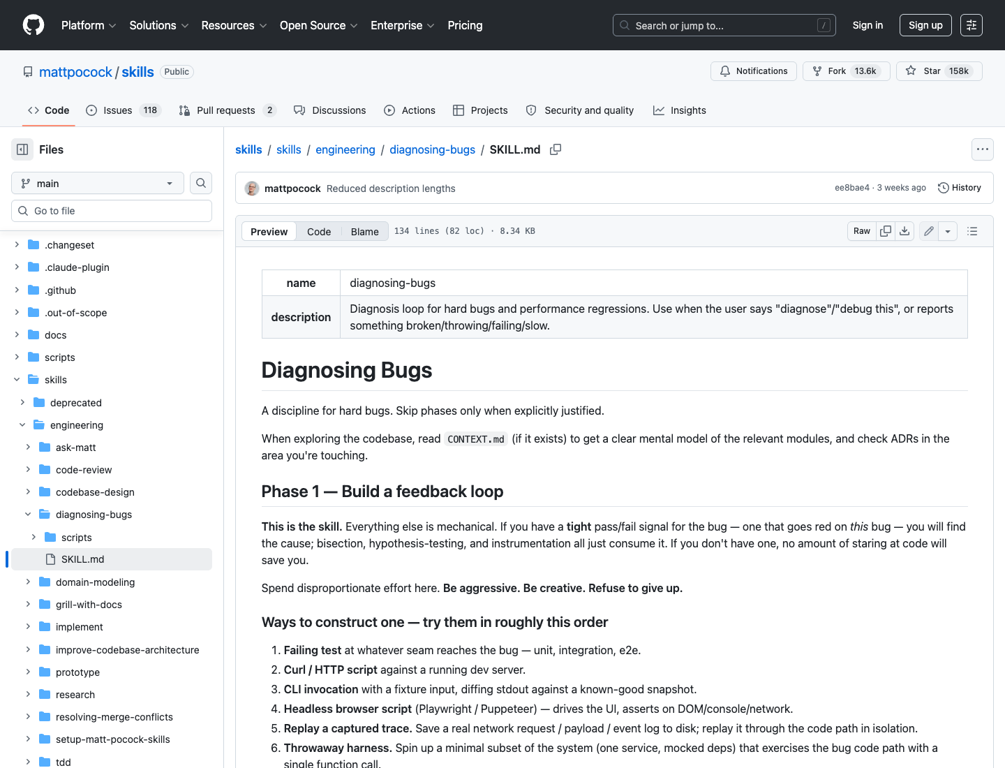 mattpocock/skills 中 diagnosing-bugs 的 SKILL.md 截图,显示先建立反馈环的要求