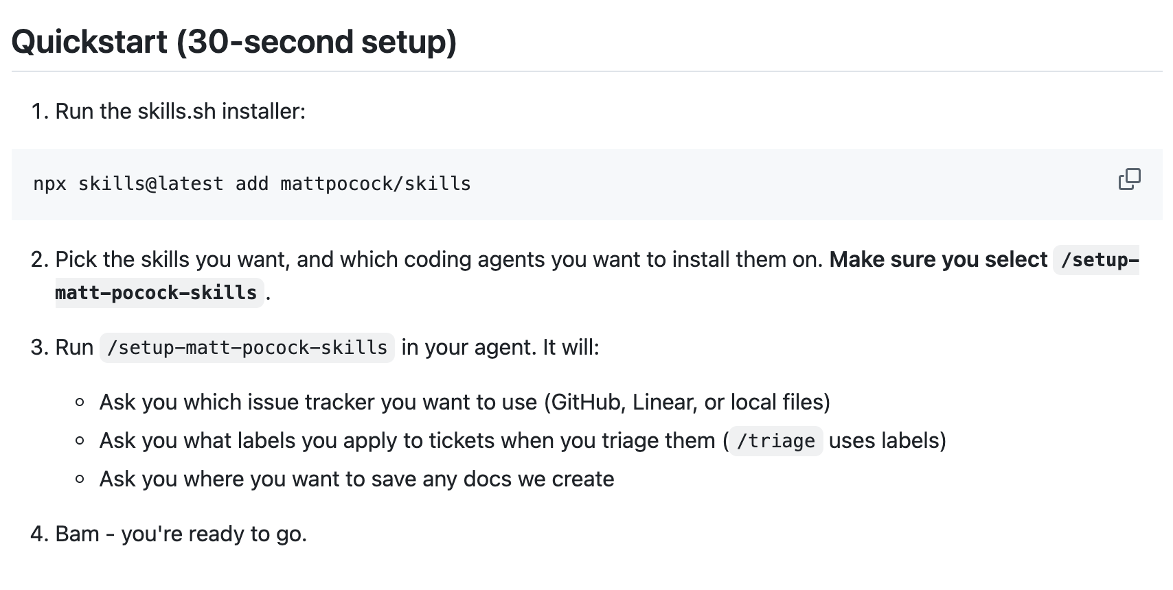 mattpocock/skills README 快速开始截图,显示 npx 安装命令和 setup-matt-pocock-skills 配置步骤