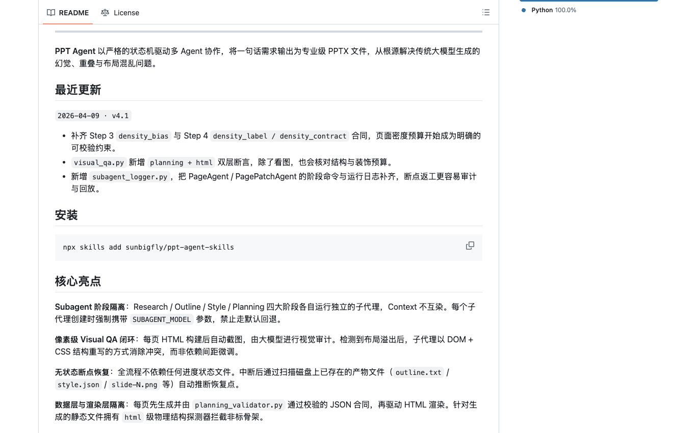 ppt-agent-skills README 安装段落,显示 npx skills add sunbigfly/ppt-agent-skills 命令和核心亮点